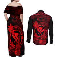 Hawaii Couples Matching Off Shoulder Maxi Dress and Long Sleeve Button Shirts Ukulele Mix Polynesian Plumeria Red Version LT14 - Polynesian Pride