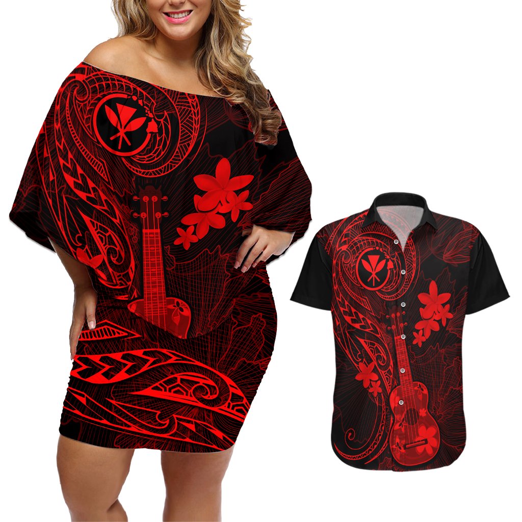 hawaii-couples-matching-off-shoulder-short-dress-and-hawaiian-shirt-ukulele-mix-polynesian-plumeria-red-version