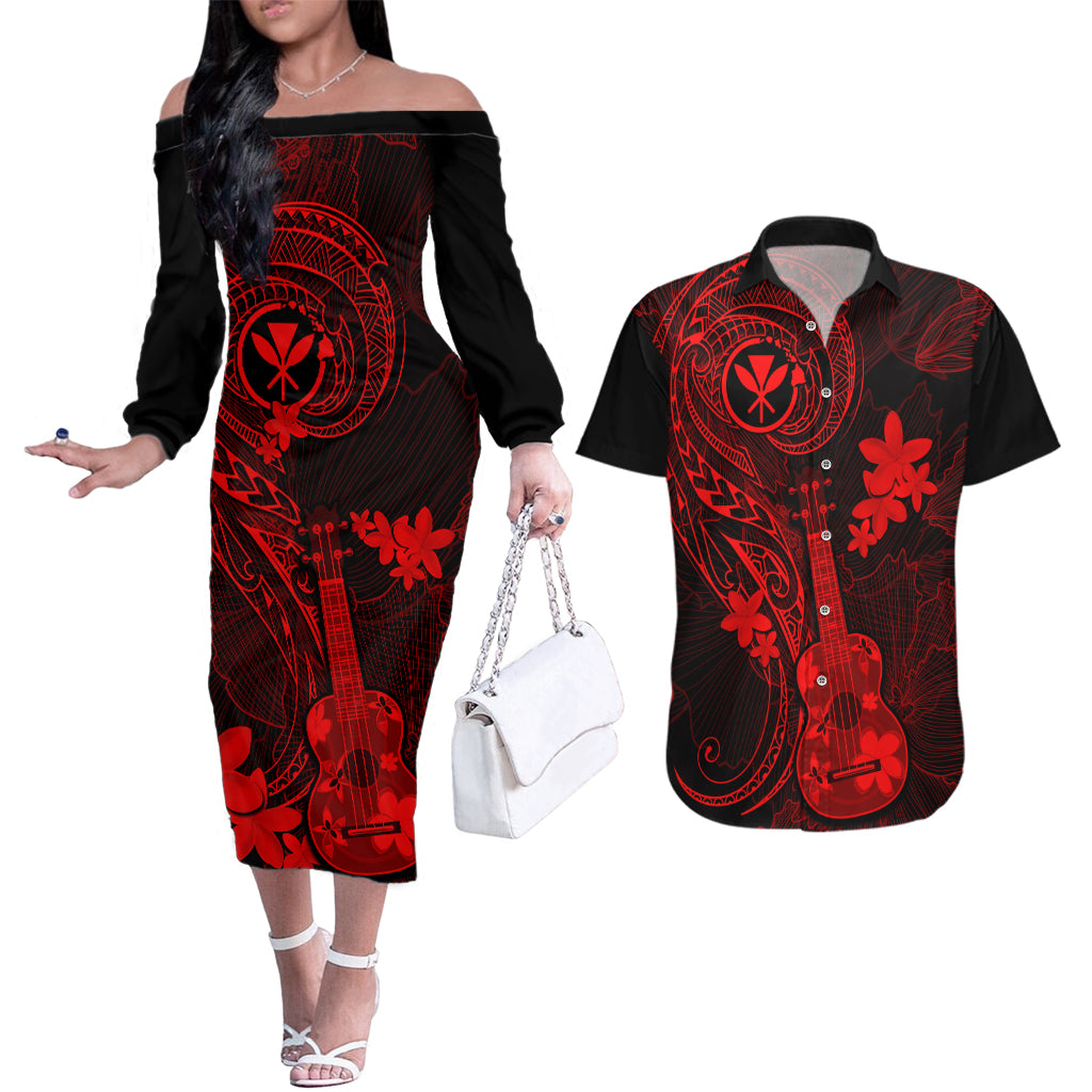 hawaii-couples-matching-off-the-shoulder-long-sleeve-dress-and-hawaiian-shirt-ukulele-mix-polynesian-plumeria-red-version