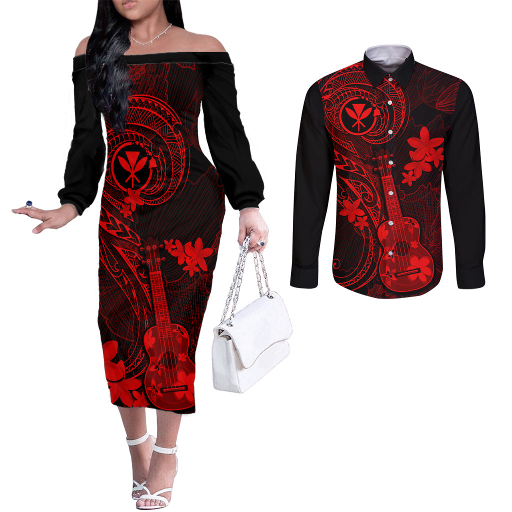 hawaii-couples-matching-off-the-shoulder-long-sleeve-dress-and-long-sleeve-button-shirts-ukulele-mix-polynesian-plumeria-red-version