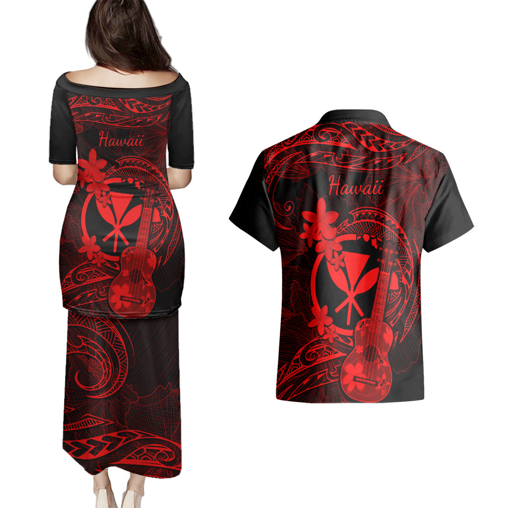 Hawaii Couples Matching Puletasi Dress and Hawaiian Shirt Ukulele Mix Polynesian Plumeria Red Version LT14 - Polynesian Pride