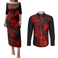 hawaii-couples-matching-puletasi-dress-and-long-sleeve-button-shirts-ukulele-mix-polynesian-plumeria-red-version