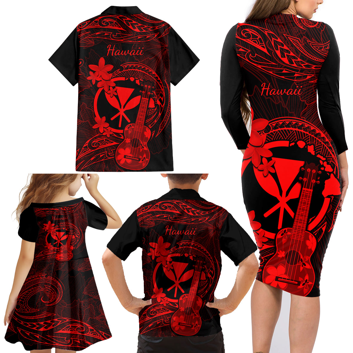 hawaii-family-matching-long-sleeve-bodycon-dress-and-hawaiian-shirt-ukulele-mix-polynesian-plumeria-red-version