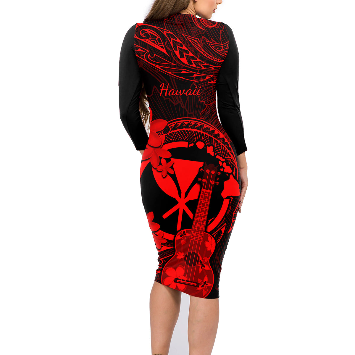 hawaii-family-matching-long-sleeve-bodycon-dress-and-hawaiian-shirt-ukulele-mix-polynesian-plumeria-red-version