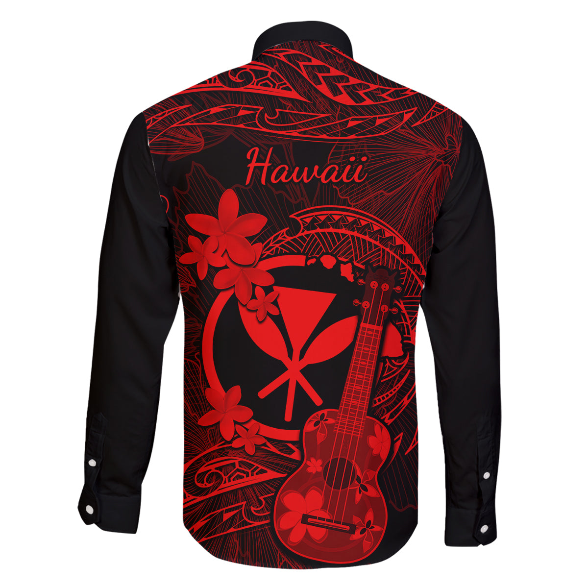hawaii-family-matching-off-shoulder-long-sleeve-dress-and-hawaiian-shirt-ukulele-mix-polynesian-plumeria-red-version