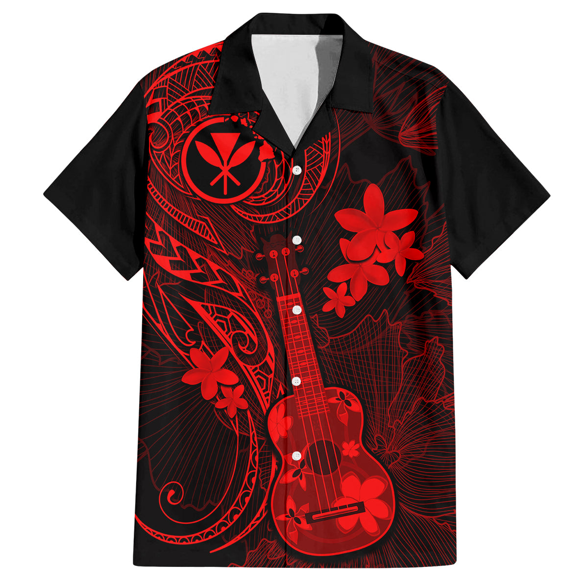 Hawaii Family Matching Puletasi Dress and Hawaiian Shirt Ukulele Mix Polynesian Plumeria Red Version LT14 Dad's Shirt - Short Sleeve Red - Polynesian Pride