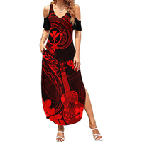 Hawaii Family Matching Summer Maxi Dress and Hawaiian Shirt Ukulele Mix Polynesian Plumeria Red Version LT14 Daughter's Dress Red - Polynesian Pride