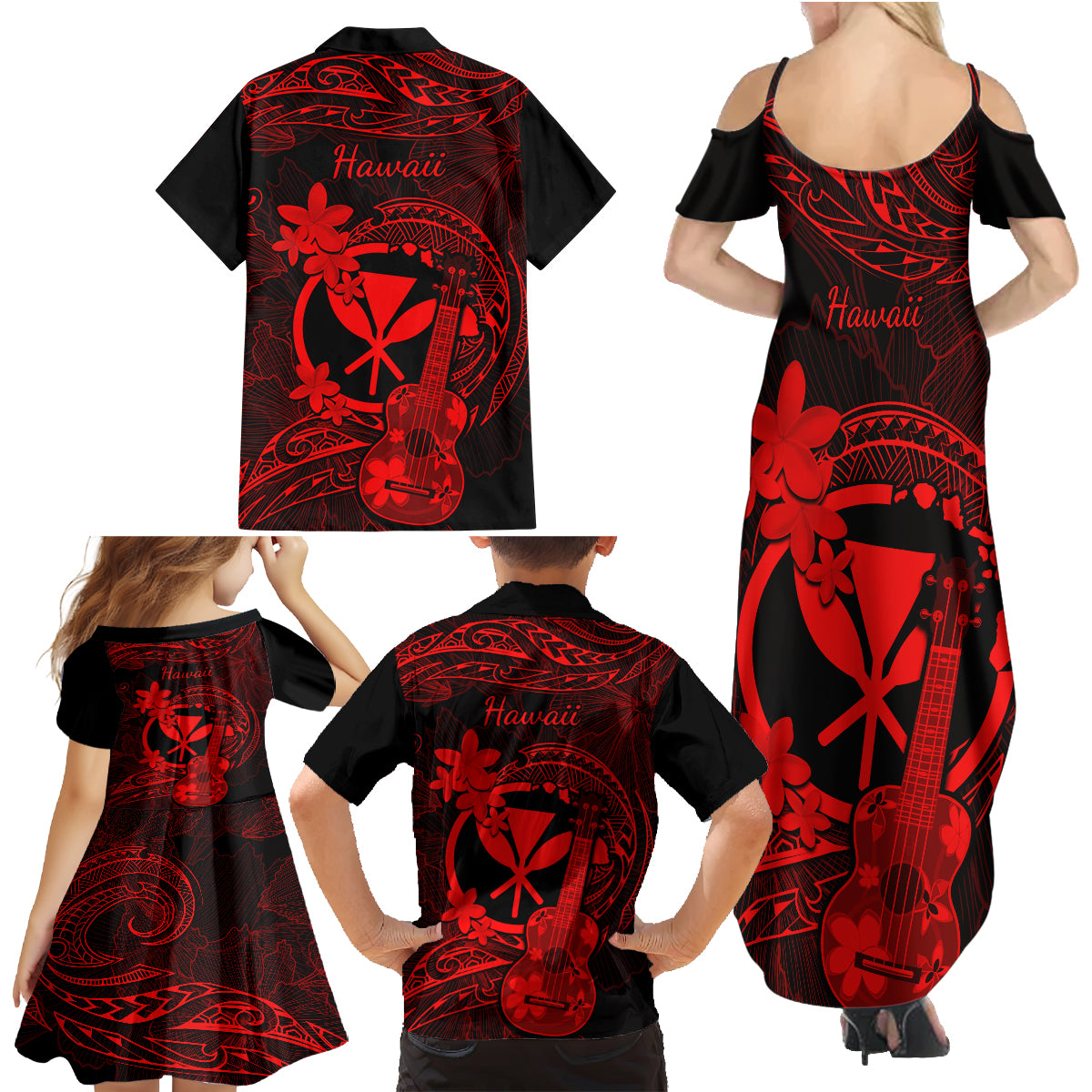 Hawaii Family Matching Summer Maxi Dress and Hawaiian Shirt Ukulele Mix Polynesian Plumeria Red Version LT14 - Polynesian Pride