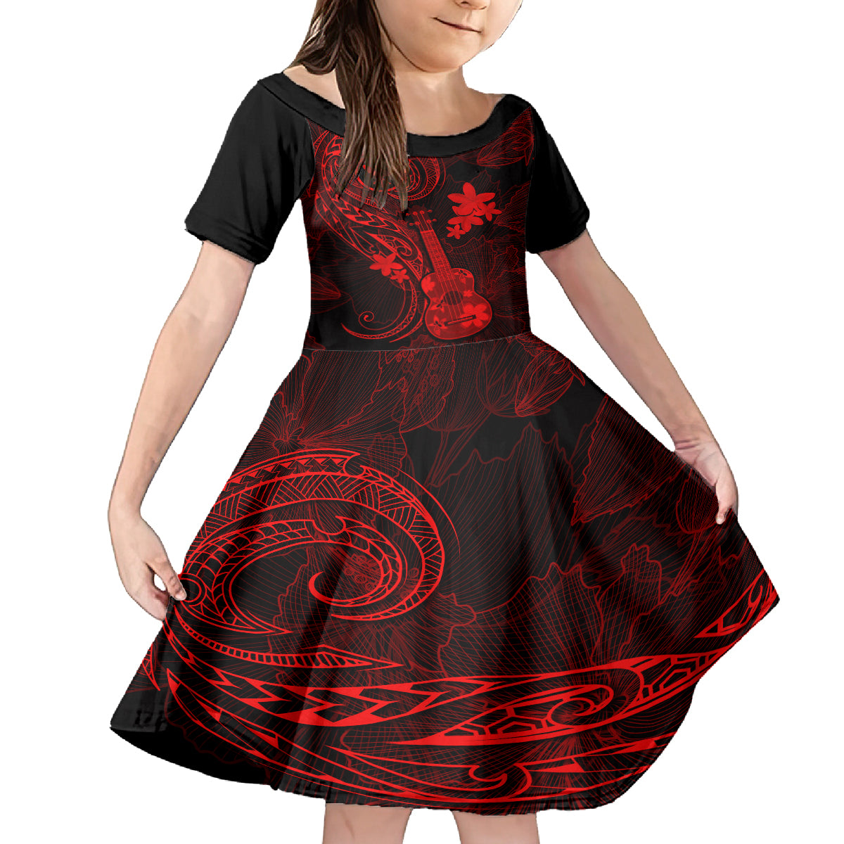 Hawaii Family Matching Summer Maxi Dress and Hawaiian Shirt Ukulele Mix Polynesian Plumeria Red Version LT14 Mom's Dress Red - Polynesian Pride