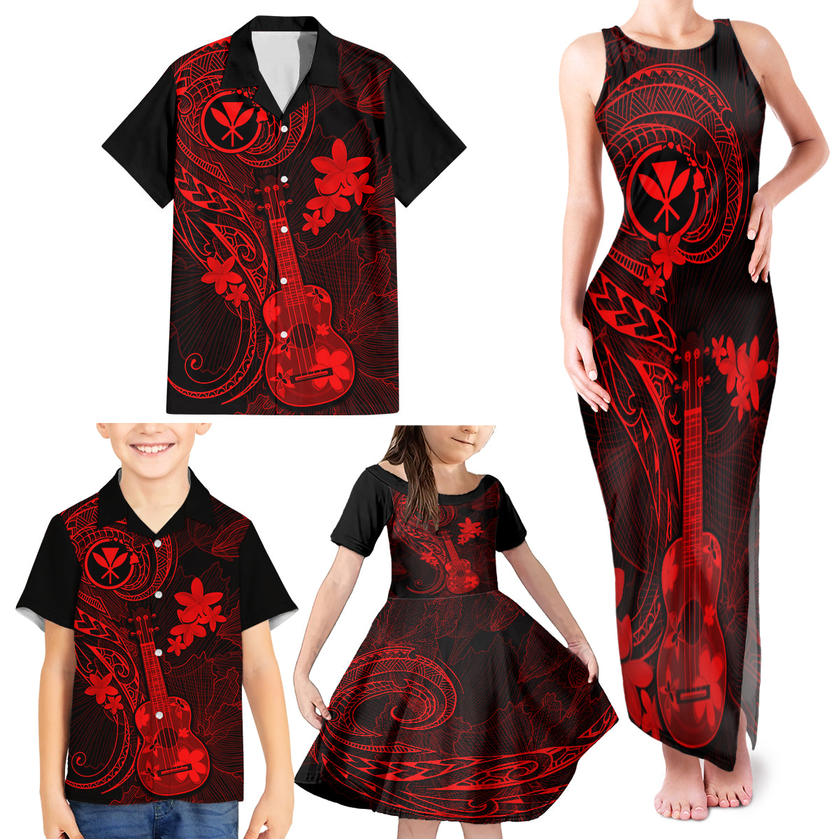 Hawaii Family Matching Tank Maxi Dress and Hawaiian Shirt Ukulele Mix Polynesian Plumeria Red Version LT14 - Polynesian Pride