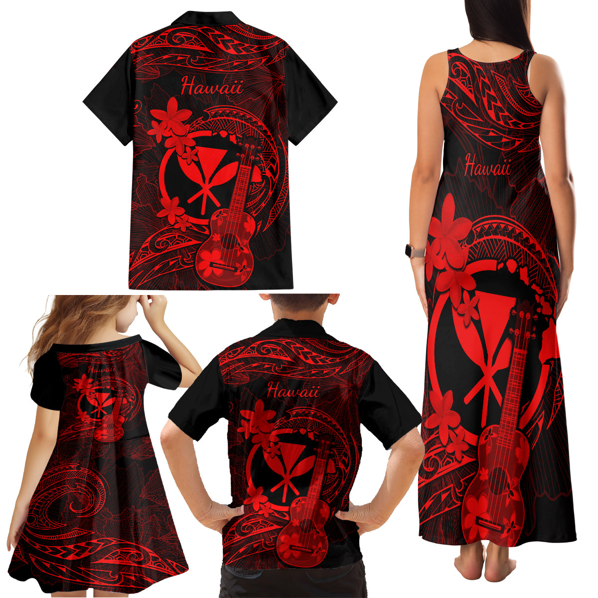 Hawaii Family Matching Tank Maxi Dress and Hawaiian Shirt Ukulele Mix Polynesian Plumeria Red Version LT14 - Polynesian Pride