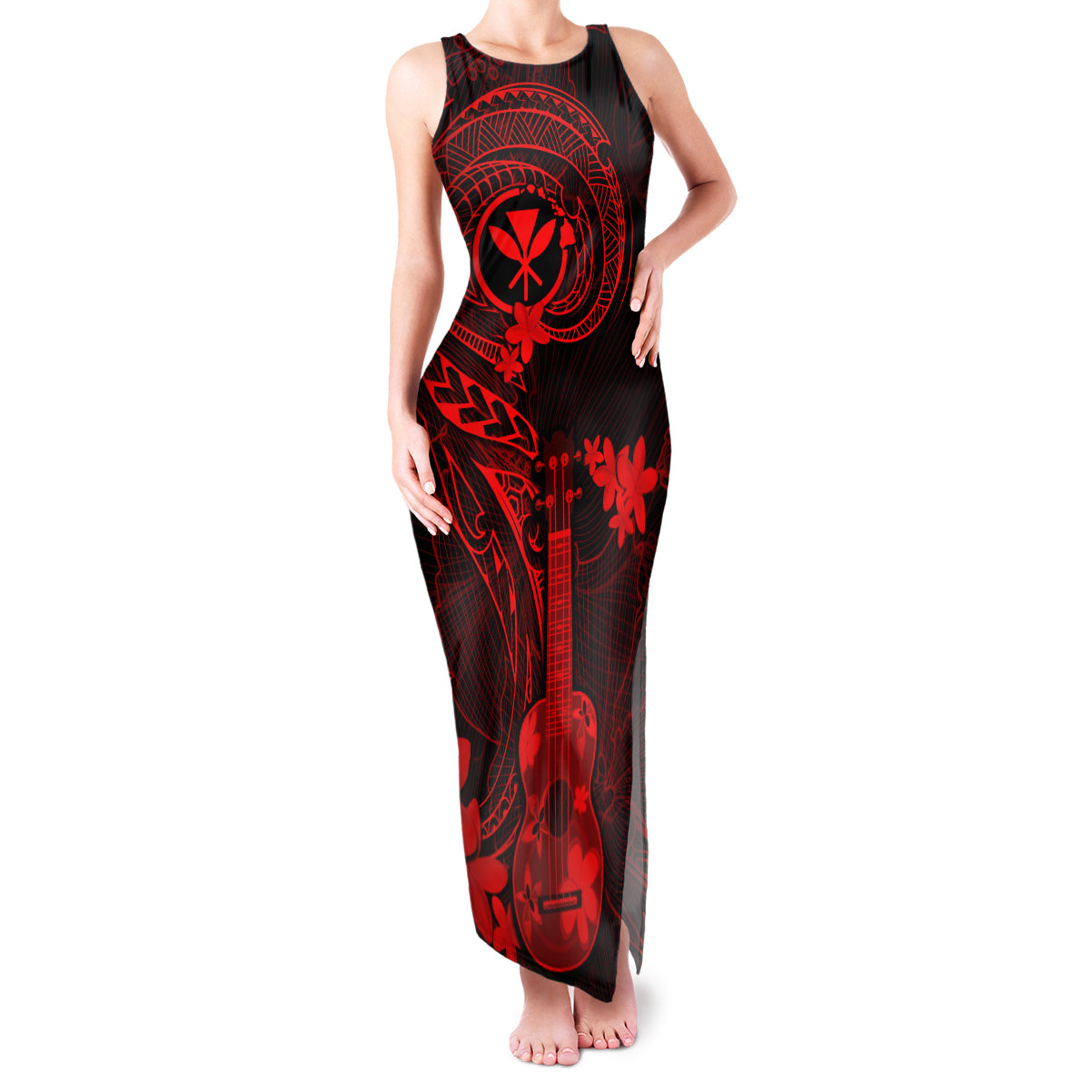 Hawaii Family Matching Tank Maxi Dress and Hawaiian Shirt Ukulele Mix Polynesian Plumeria Red Version LT14 Mom's Dress Red - Polynesian Pride
