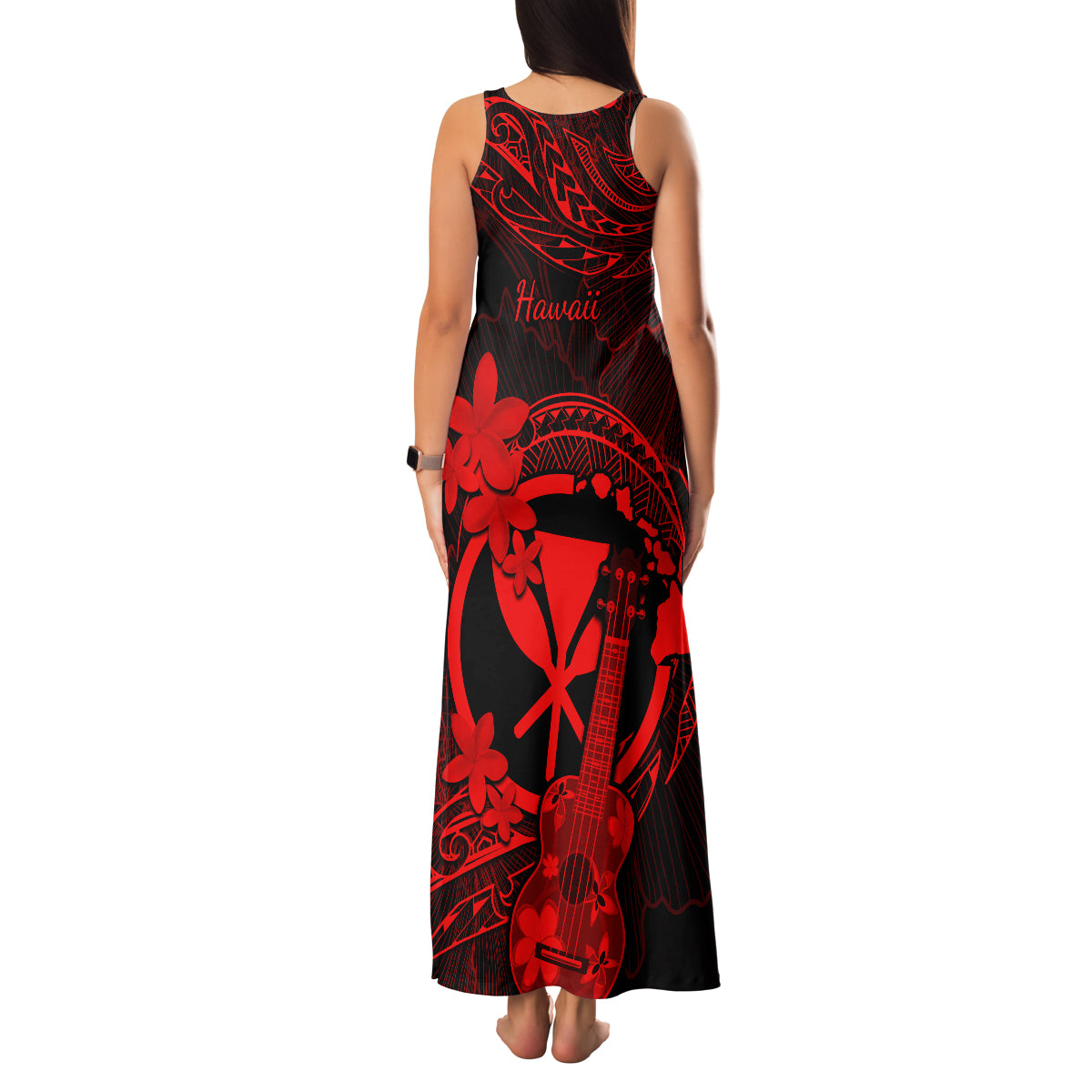 Hawaii Family Matching Tank Maxi Dress and Hawaiian Shirt Ukulele Mix Polynesian Plumeria Red Version LT14 - Polynesian Pride