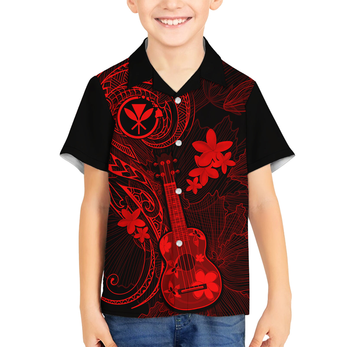 Hawaii Family Matching Tank Maxi Dress and Hawaiian Shirt Ukulele Mix Polynesian Plumeria Red Version LT14 Son's Shirt Red - Polynesian Pride