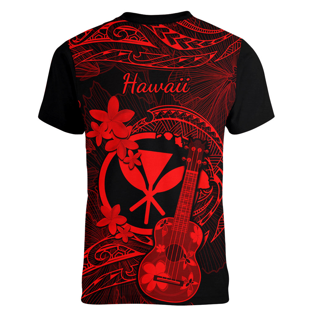 hawaii-women-v-neck-t-shirt-ukulele-mix-polynesian-plumeria-red-version