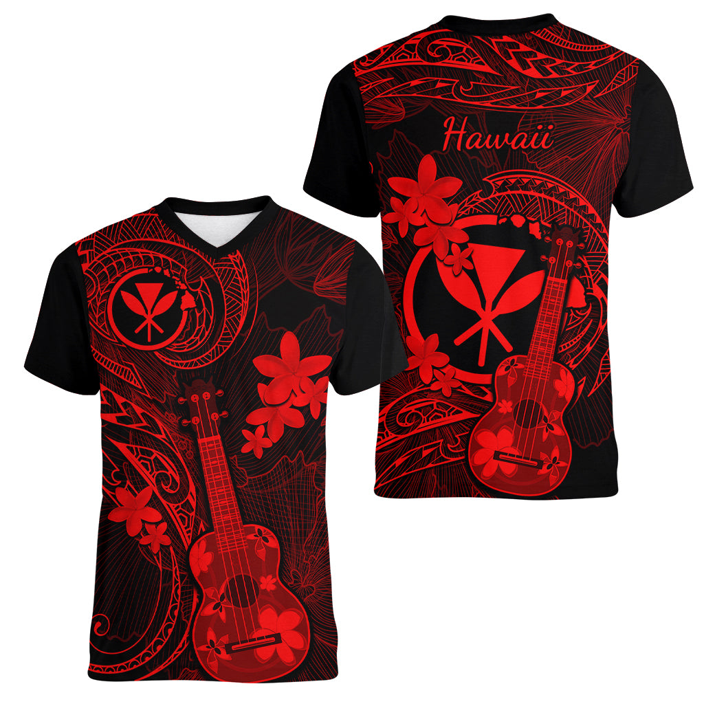 hawaii-women-v-neck-t-shirt-ukulele-mix-polynesian-plumeria-red-version