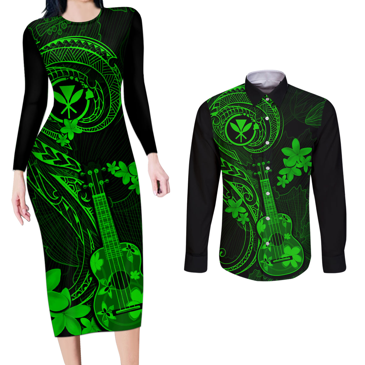 Hawaii Couples Matching Long Sleeve Bodycon Dress and Long Sleeve Button Shirts Ukulele Mix Polynesian Plumeria Green Version LT14 Green - Polynesian Pride
