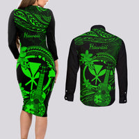 Hawaii Couples Matching Long Sleeve Bodycon Dress and Long Sleeve Button Shirts Ukulele Mix Polynesian Plumeria Green Version LT14 - Polynesian Pride