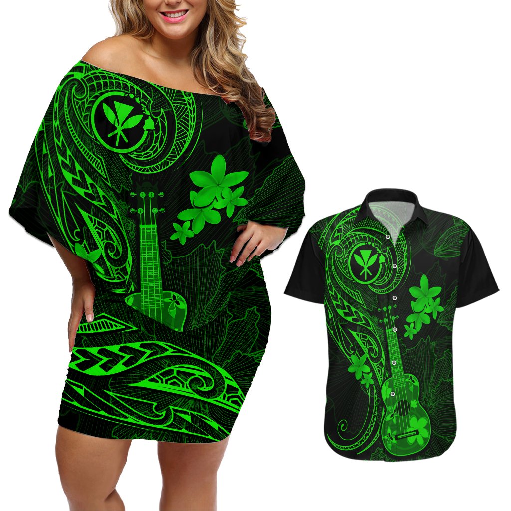 Hawaii Couples Matching Off Shoulder Short Dress and Hawaiian Shirt Ukulele Mix Polynesian Plumeria Green Version LT14 Green - Polynesian Pride