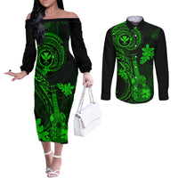 Hawaii Couples Matching Off The Shoulder Long Sleeve Dress and Long Sleeve Button Shirts Ukulele Mix Polynesian Plumeria Green Version LT14 Green - Polynesian Pride