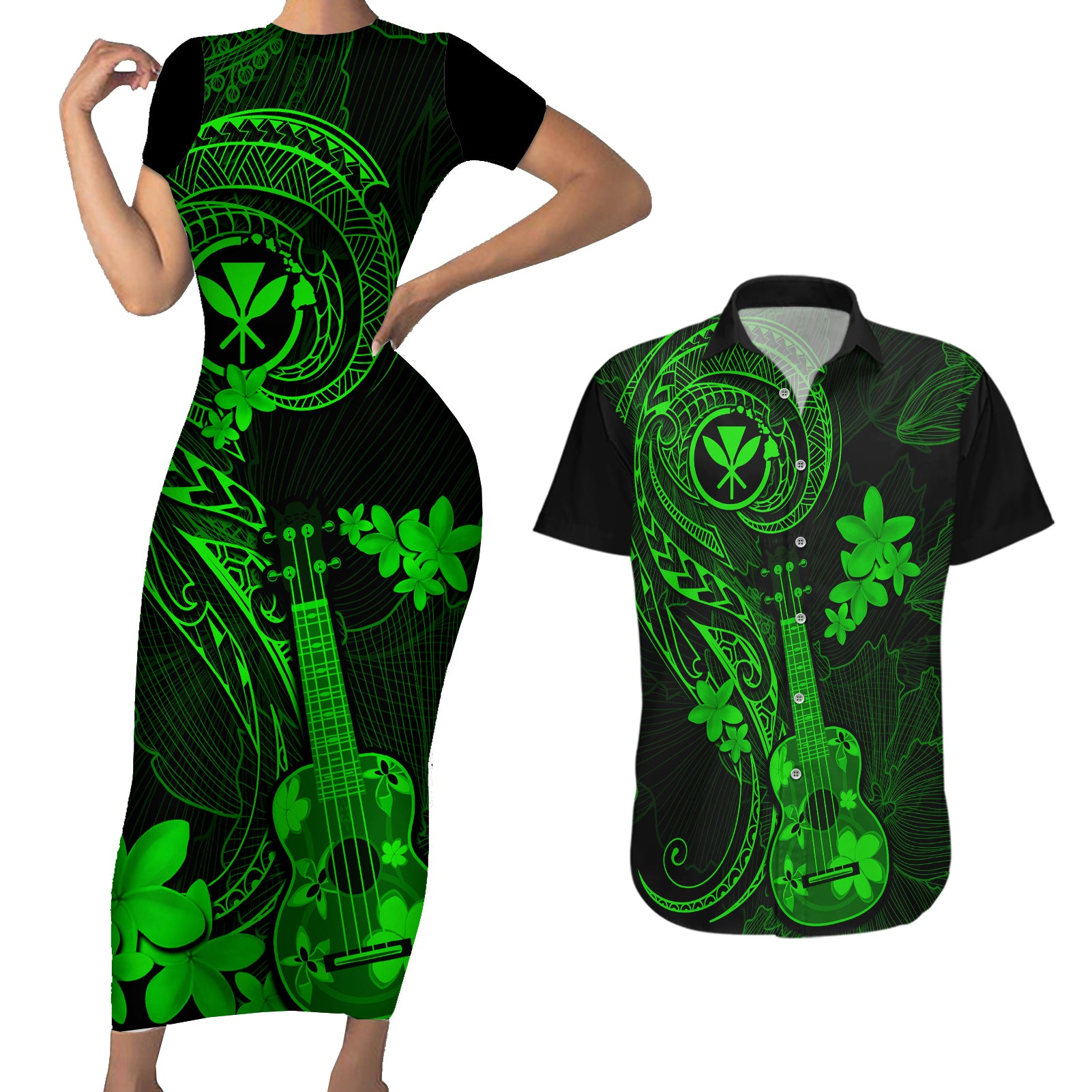 hawaii-couples-matching-short-sleeve-bodycon-dress-and-hawaiian-shirt-ukulele-mix-polynesian-plumeria-green-version