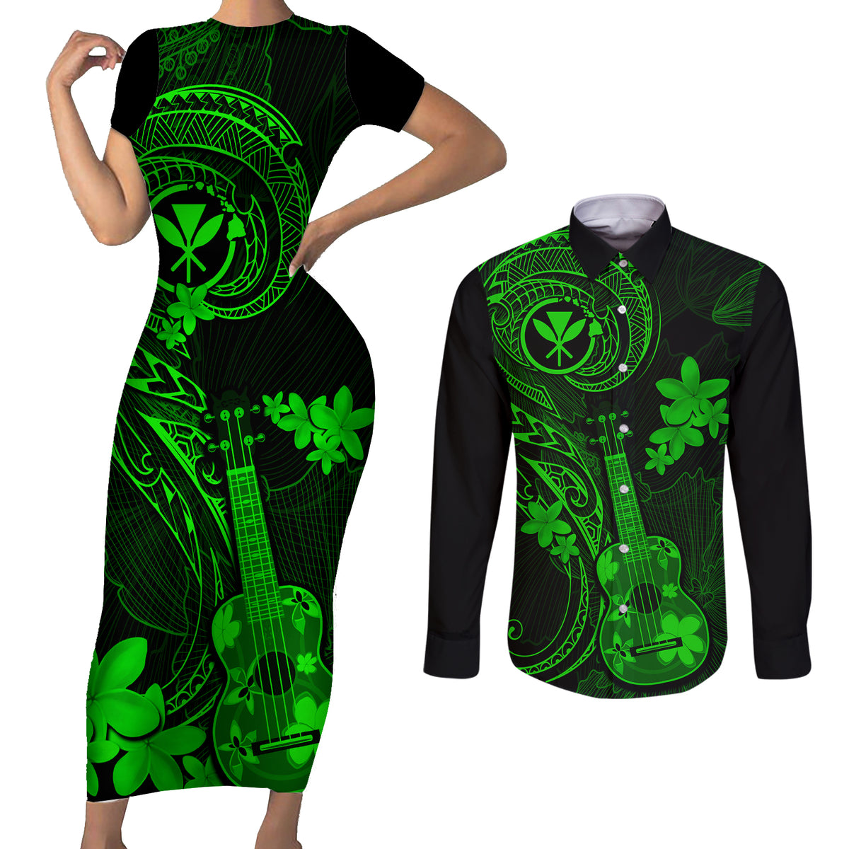 Hawaii Couples Matching Short Sleeve Bodycon Dress and Long Sleeve Button Shirts Ukulele Mix Polynesian Plumeria Green Version LT14 Green - Polynesian Pride
