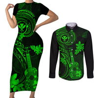 Hawaii Couples Matching Short Sleeve Bodycon Dress and Long Sleeve Button Shirts Ukulele Mix Polynesian Plumeria Green Version LT14 Green - Polynesian Pride