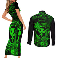 Hawaii Couples Matching Short Sleeve Bodycon Dress and Long Sleeve Button Shirts Ukulele Mix Polynesian Plumeria Green Version LT14 - Polynesian Pride