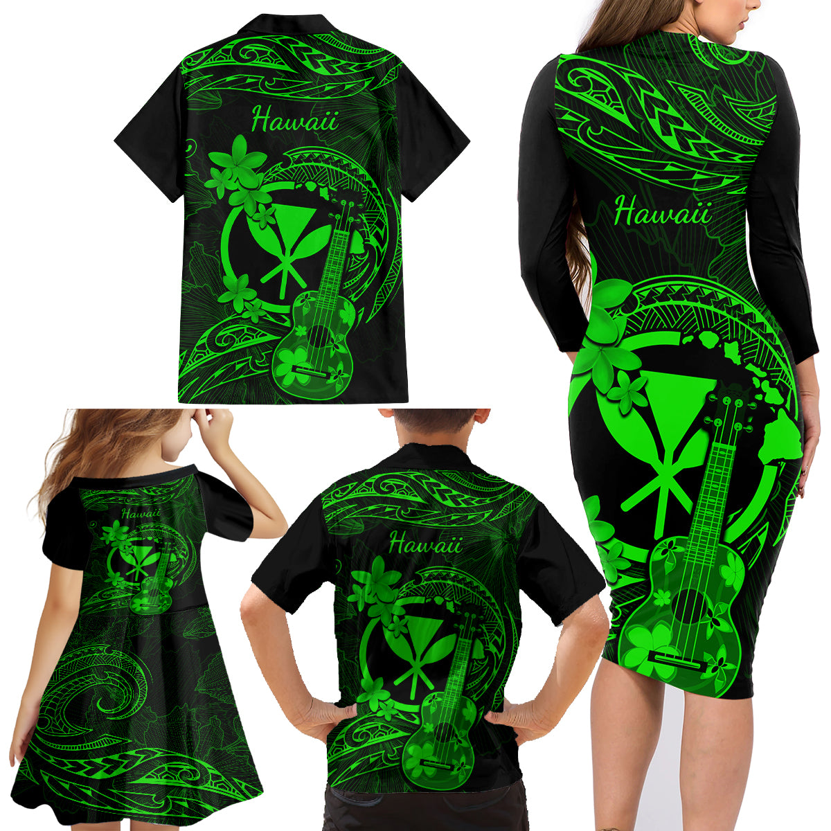 Hawaii Family Matching Long Sleeve Bodycon Dress and Hawaiian Shirt Ukulele Mix Polynesian Plumeria Green Version LT14 - Polynesian Pride