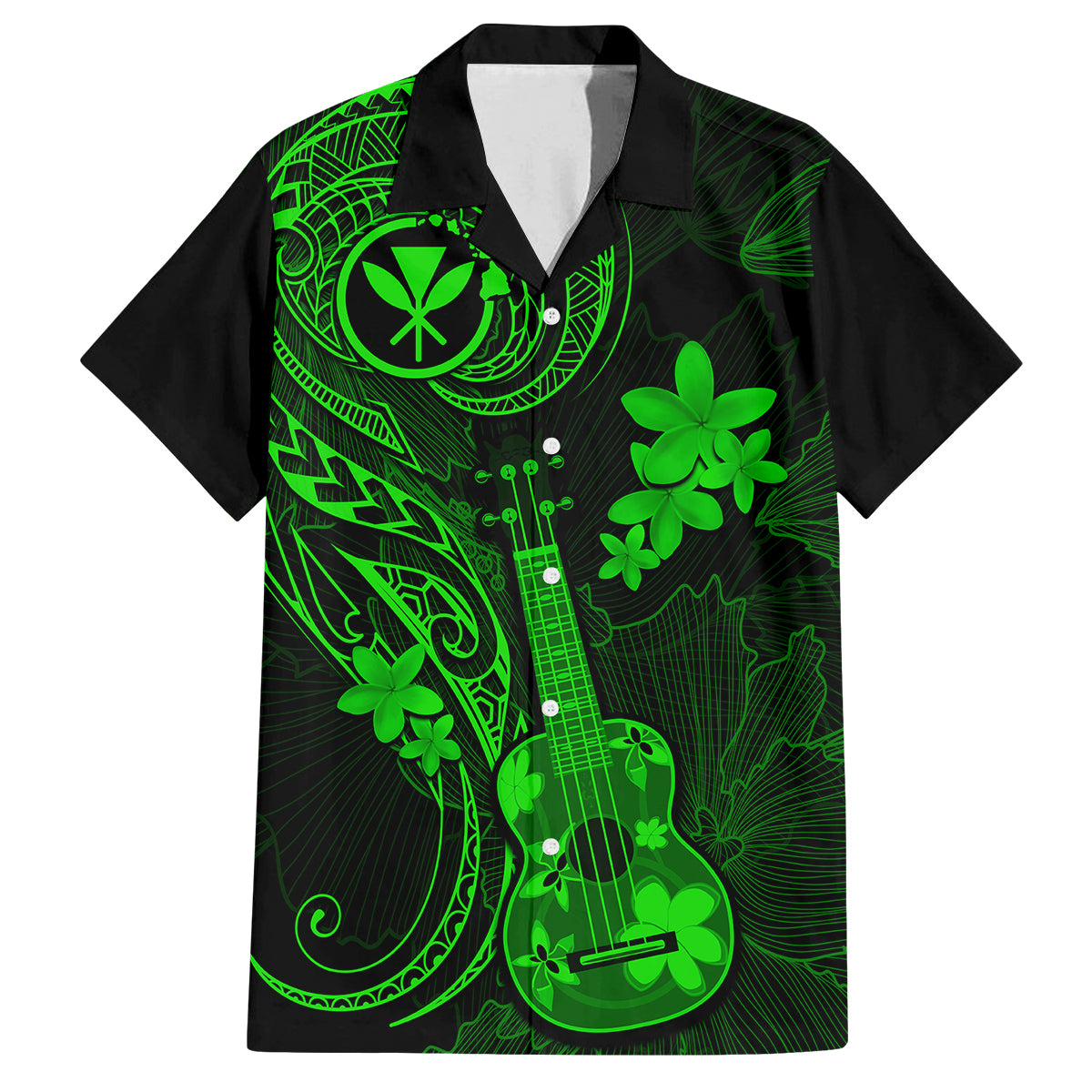 hawaii-family-matching-short-sleeve-bodycon-dress-and-hawaiian-shirt-ukulele-mix-polynesian-plumeria-green-version