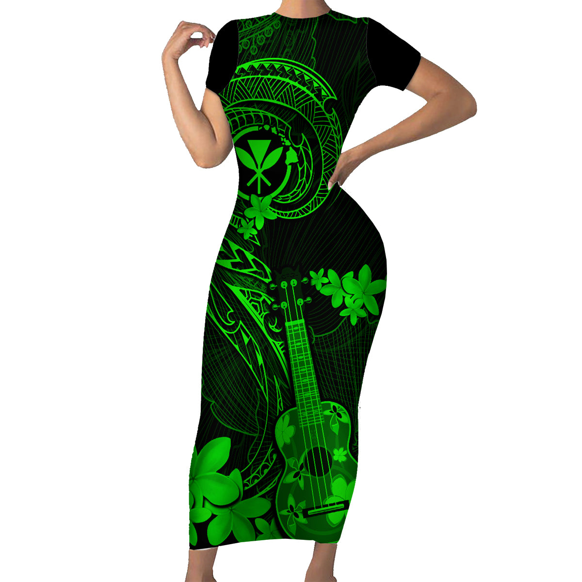 hawaii-family-matching-short-sleeve-bodycon-dress-and-hawaiian-shirt-ukulele-mix-polynesian-plumeria-green-version