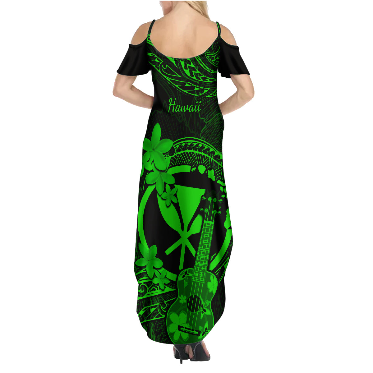 Hawaii Family Matching Summer Maxi Dress and Hawaiian Shirt Ukulele Mix Polynesian Plumeria Green Version LT14 - Polynesian Pride