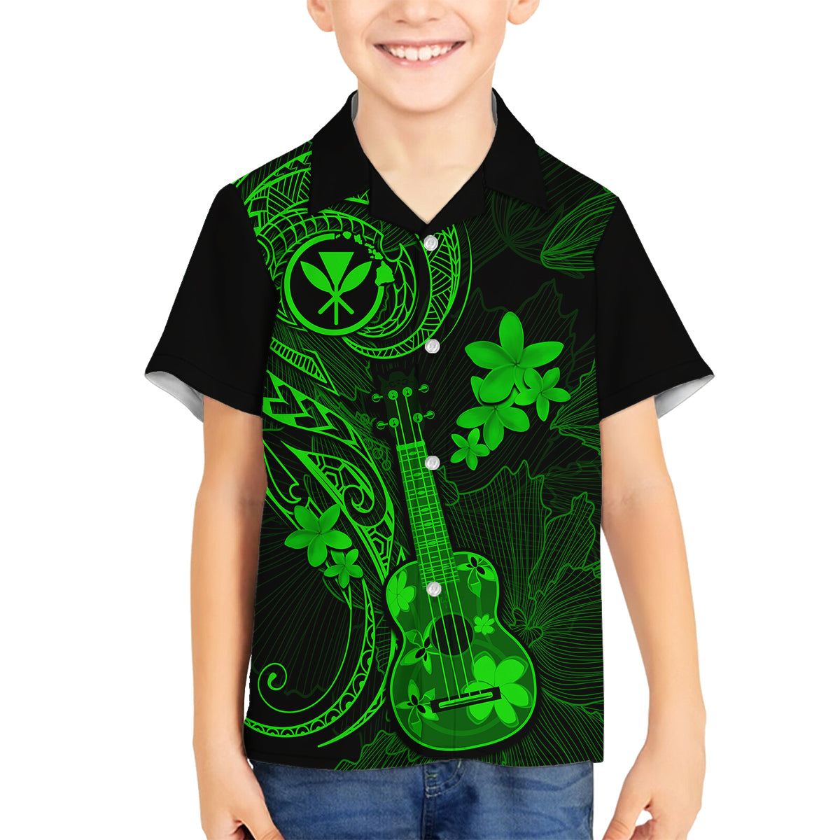 hawaii-kid-hawaiian-shirt-ukulele-mix-polynesian-plumeria-green-version