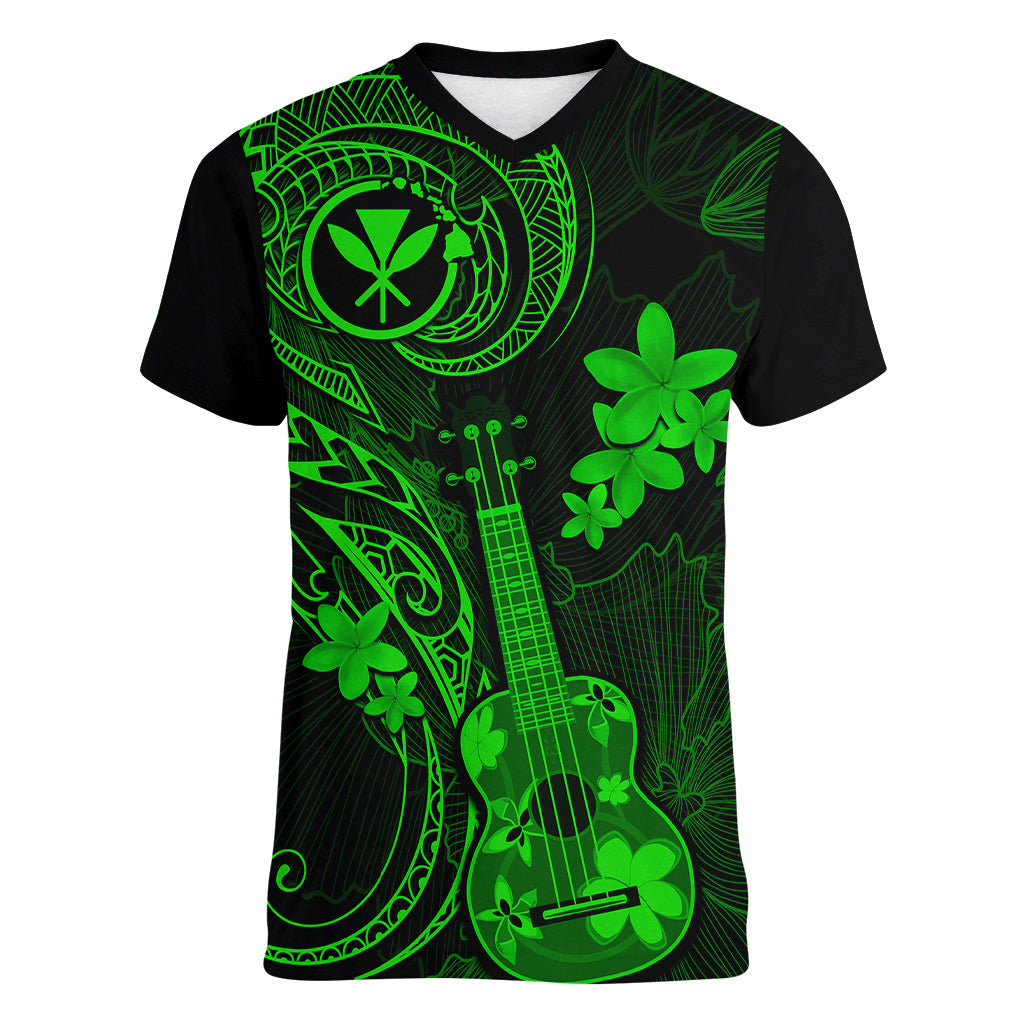 hawaii-women-v-neck-t-shirt-ukulele-mix-polynesian-plumeria-green-version