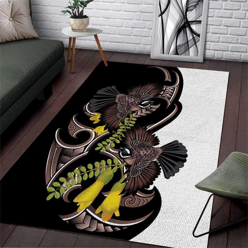 New Zealand Valentines Day Area Rug Piwakawaka Lovers Maori Koru Tattoo LT14 Black - Polynesian Pride