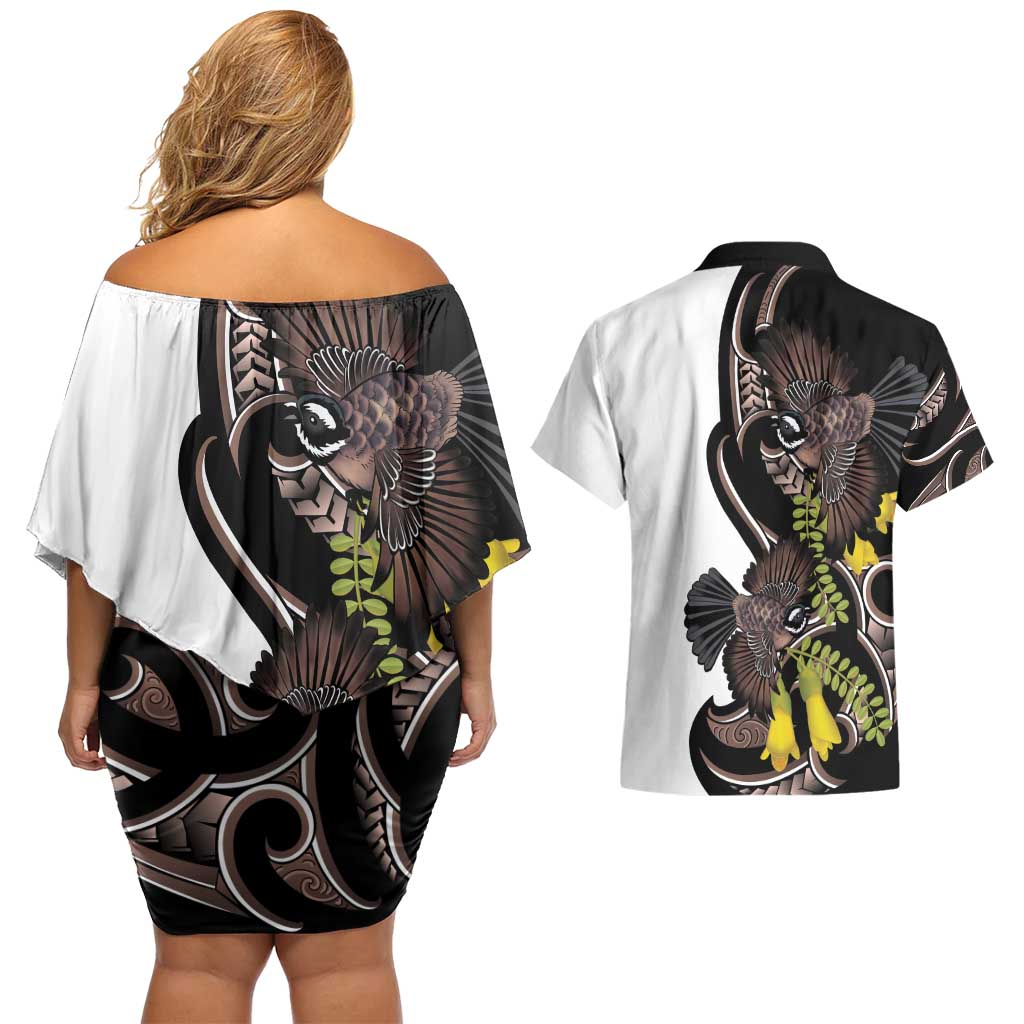 New Zealand Valentines Day Couples Matching Off Shoulder Short Dress and Hawaiian Shirt Piwakawaka Lovers Maori Koru Tattoo - Polynesian Pride