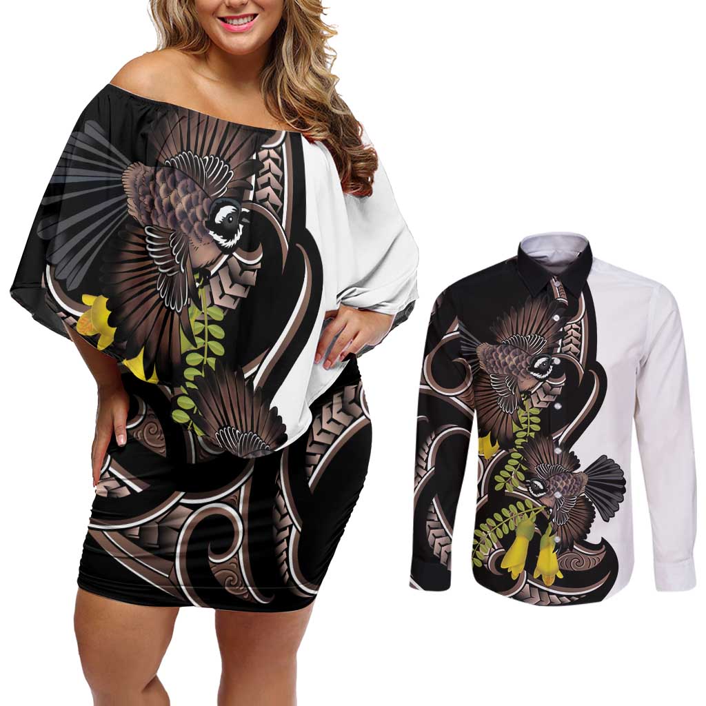 New Zealand Valentines Day Couples Matching Off Shoulder Short Dress and Long Sleeve Button Shirt Piwakawaka Lovers Maori Koru Tattoo - Polynesian Pride