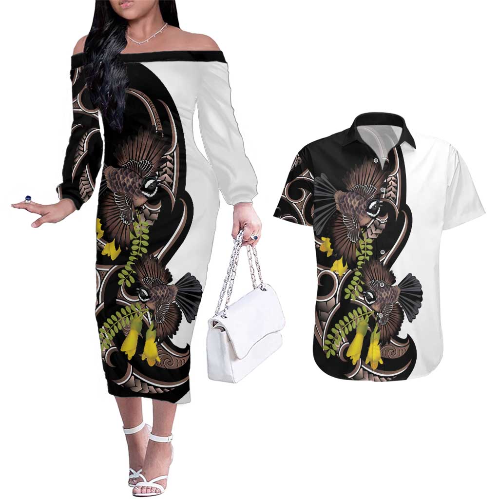 New Zealand Valentines Day Couples Matching Off The Shoulder Long Sleeve Dress and Hawaiian Shirt Piwakawaka Lovers Maori Koru Tattoo - Polynesian Pride