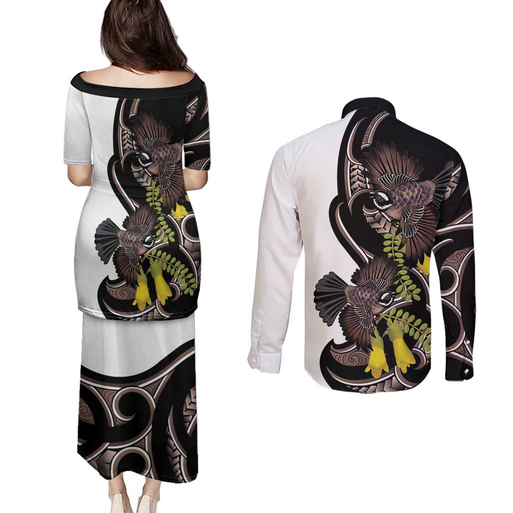 New Zealand Valentines Day Couples Matching Puletasi and Long Sleeve Button Shirt Piwakawaka Lovers Maori Koru Tattoo - Polynesian Pride