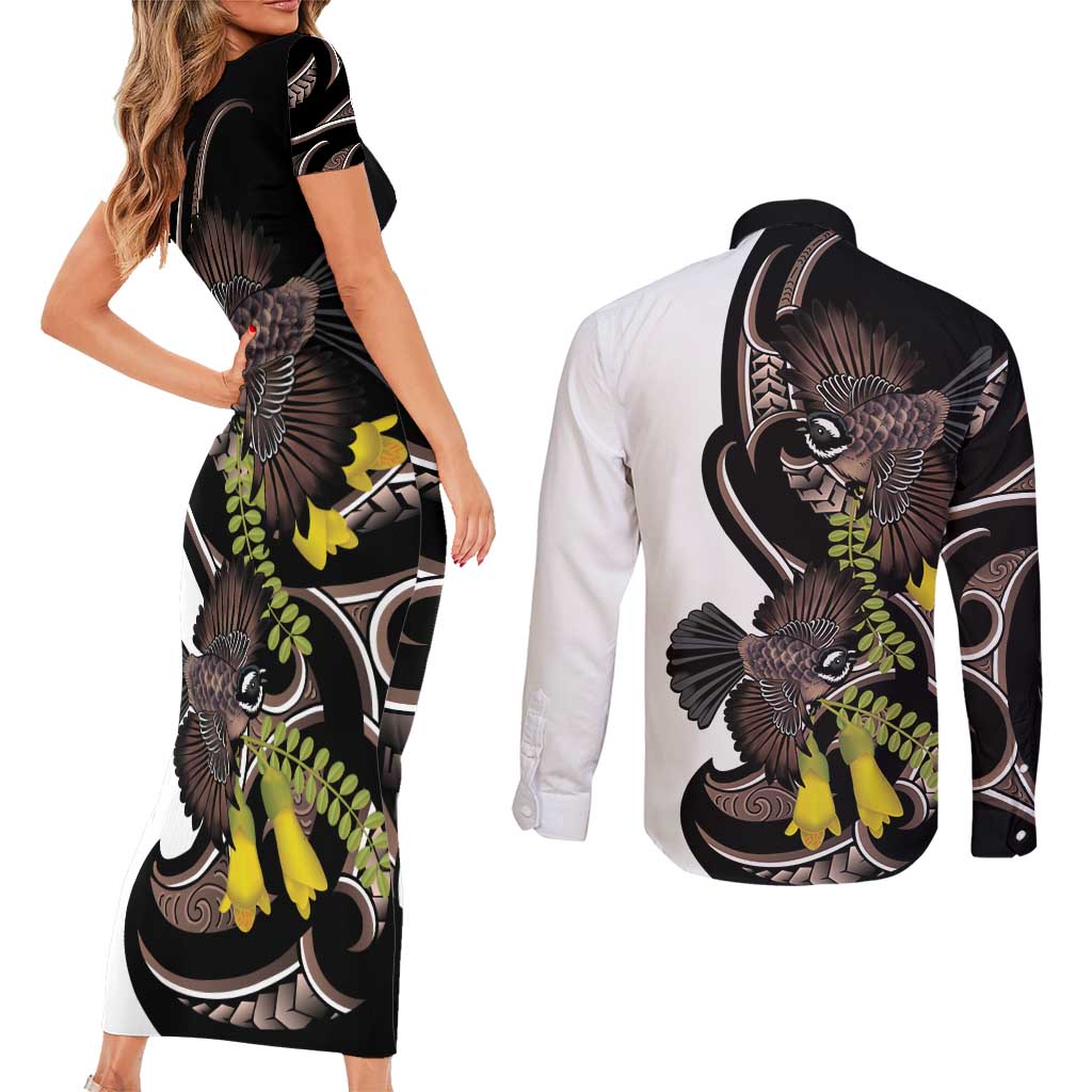 New Zealand Valentines Day Couples Matching Short Sleeve Bodycon Dress and Long Sleeve Button Shirt Piwakawaka Lovers Maori Koru Tattoo - Polynesian Pride