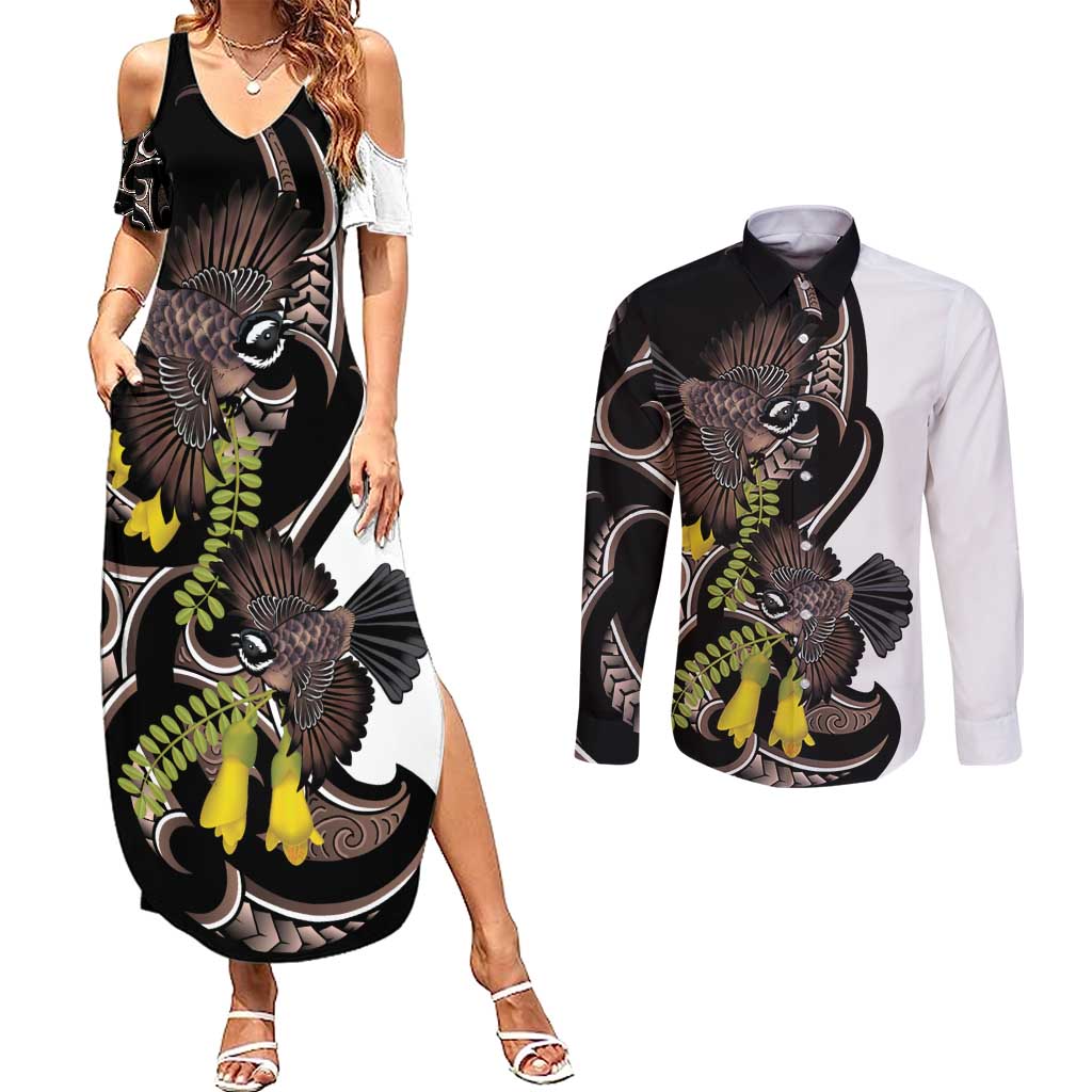 New Zealand Valentines Day Couples Matching Summer Maxi Dress and Long Sleeve Button Shirt Piwakawaka Lovers Maori Koru Tattoo - Polynesian Pride