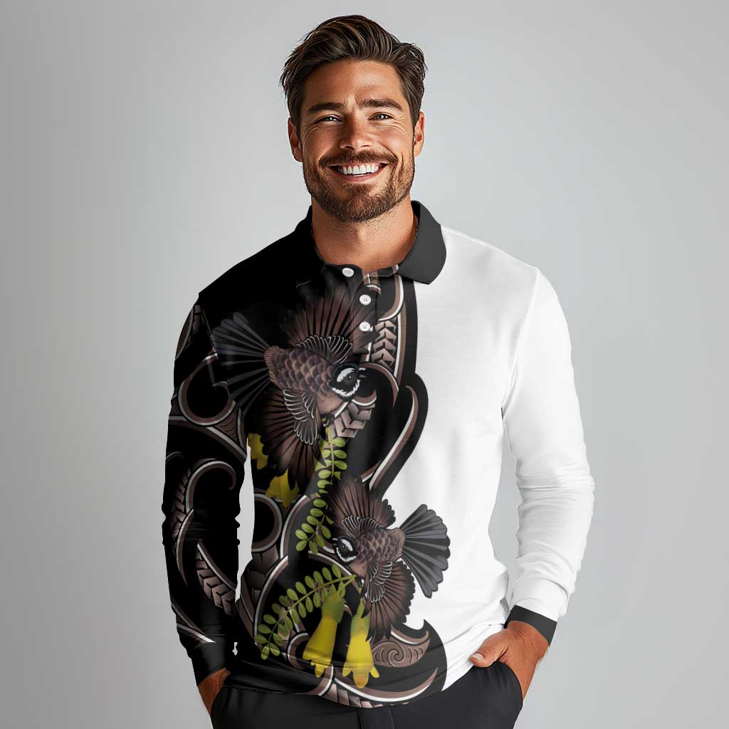 New Zealand Valentines Day Long Sleeve Polo Shirt Piwakawaka Lovers Maori Koru Tattoo - Polynesian Pride