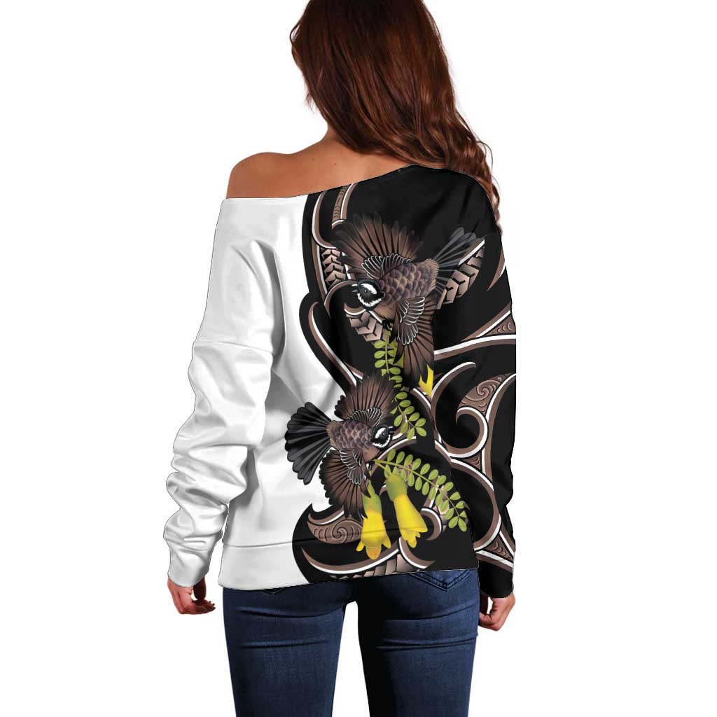 New Zealand Valentines Day Off Shoulder Sweater Piwakawaka Lovers Maori Koru Tattoo - Polynesian Pride