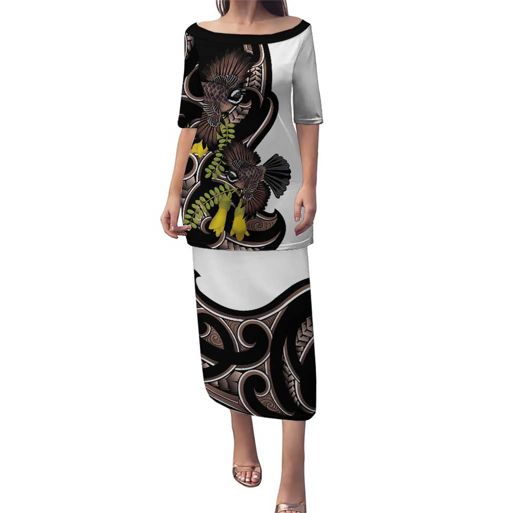 New Zealand Valentines Day Puletasi Piwakawaka Lovers Maori Koru Tattoo LT14 Long Dress Black - Polynesian Pride