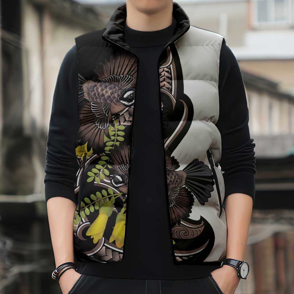 New Zealand Valentines Day Sleeveless Puffer Jacket Piwakawaka Lovers Maori Koru Tattoo - Polynesian Pride