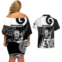 New Zealand Silver Fern Rugby Couples Matching Off Shoulder Short Dress and Hawaiian Shirt Go Champions NZ All Black Maori Koru LT14 - Polynesian Pride