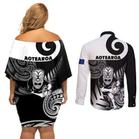 New Zealand Silver Fern Rugby Couples Matching Off Shoulder Short Dress and Long Sleeve Button Shirts Go Champions NZ All Black Maori Koru LT14 - Polynesian Pride