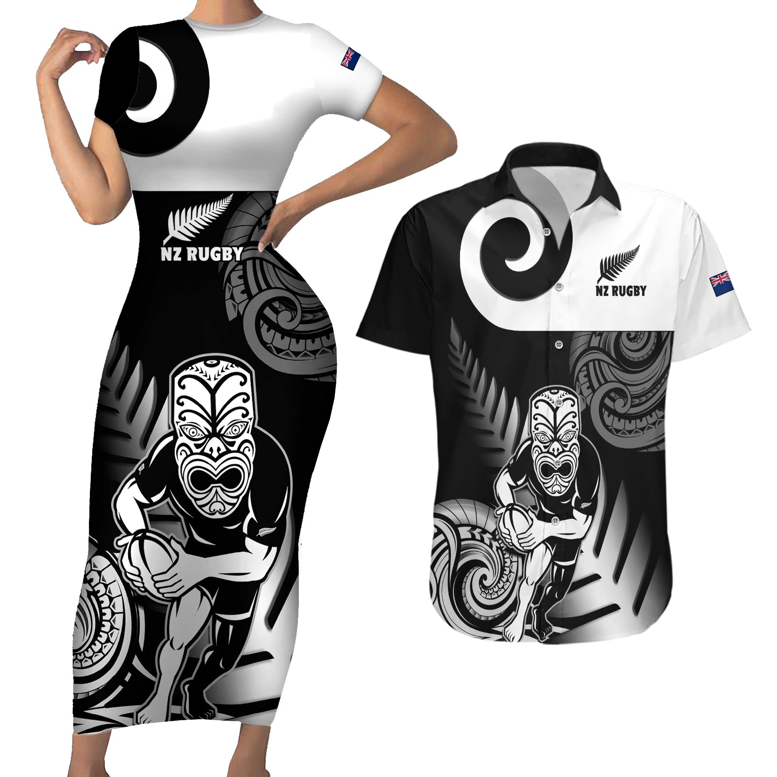 New Zealand Silver Fern Rugby Couples Matching Short Sleeve Bodycon Dress and Hawaiian Shirt Go Champions NZ All Black Maori Koru LT14 Black - Polynesian Pride