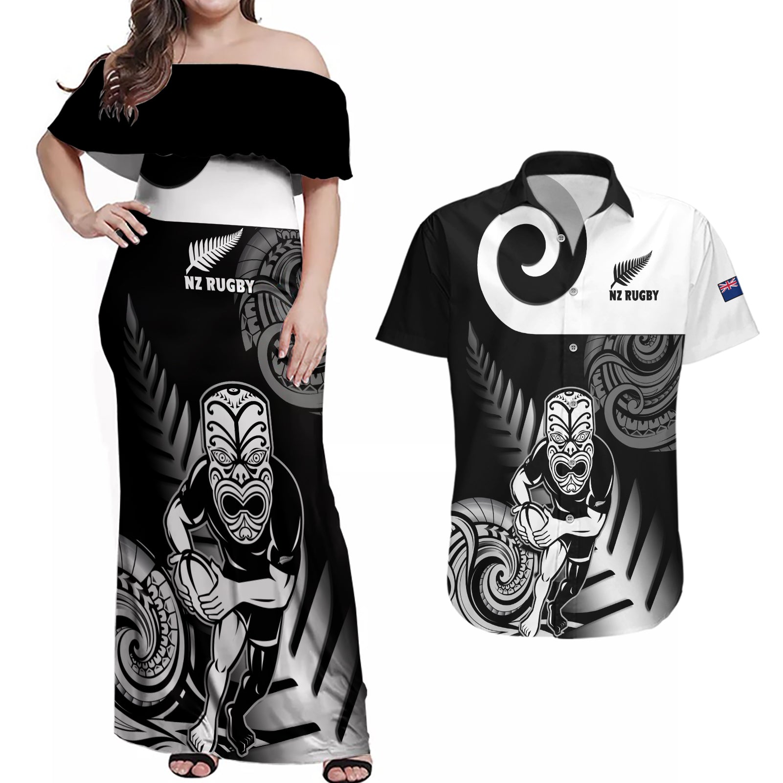 Custom New Zealand Silver Fern Rugby Couples Matching Off Shoulder Maxi Dress and Hawaiian Shirt Go Champions NZ All Black Maori Koru LT14 Black - Polynesian Pride