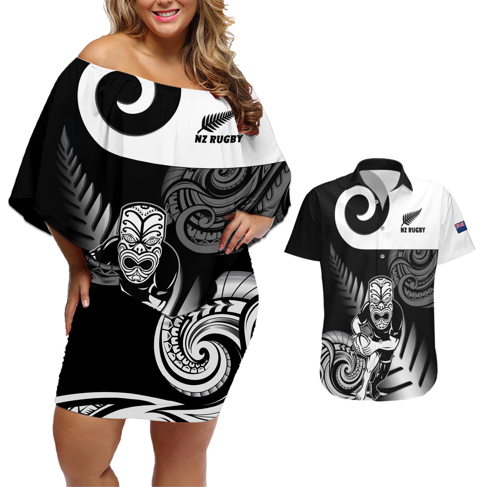 Custom New Zealand Silver Fern Rugby Couples Matching Off Shoulder Short Dress and Hawaiian Shirt Go Champions NZ All Black Maori Koru LT14 Black - Polynesian Pride